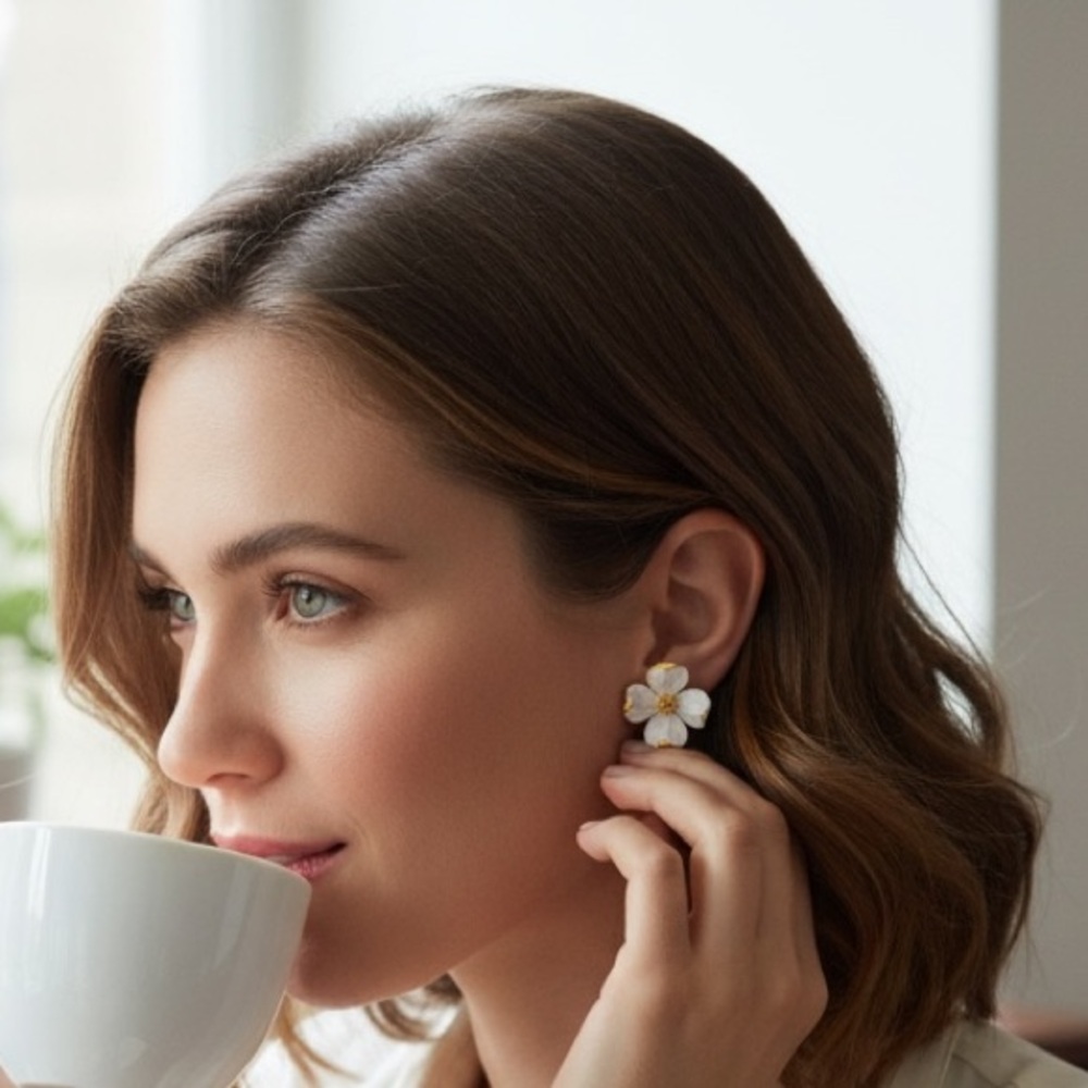 White Floral Clip On Earrings
